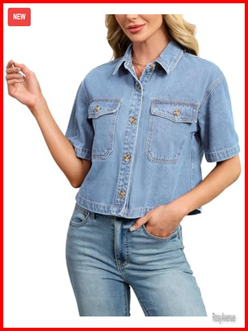 Women's Crop Denim Shirt Short Sleeve Button Down Jean Jacket Top